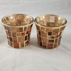 Pair of Mosaic Amber & Gold  Stained Glass Look Votive Candle Holders 3.0" Tall